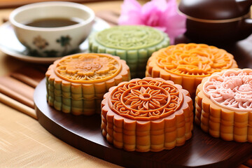Colorful traditional Chinese mid autumn mooncake festival. Mid-Autumn Festival concep