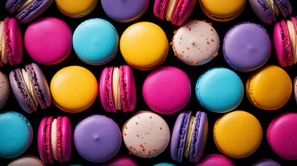 Fototapeta na wymiar Colorful french macarons background, close up. Generative AI
