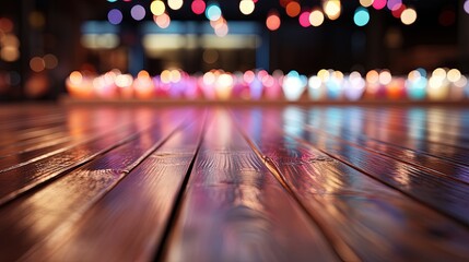 Fototapeta premium wooden oak wood floor for product display, bottom angle, gaussian blur background with rainbow light