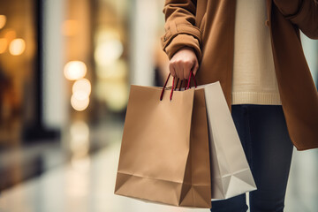 woman shopping carrying shopping bags, detail of legs and bags