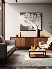 Modern interior of living room with wooden sideboard and armchair. Marble coffee table on the rug. Home design