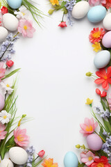Easter greeting card, with Easter eggs and flowers, with space for text