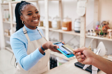 Sustainable shop, cashier and credit card tap with store, woman and electronic transaction with...