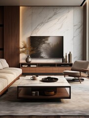 Modern interior of living room with wooden sideboard and armchair. Marble coffee table on the rug. Home design