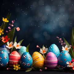 Obraz na płótnie Canvas Easter greeting card, with Easter eggs and flowers, with space for text