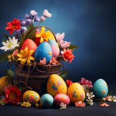 Fototapeta na wymiar Easter greeting card, with Easter eggs and flowers, with space for text