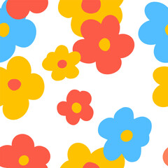 1970 Daisy Naive groovy seamless pattern. Fun colorful Doodle Bright background. Contemporary trendy backgrounds for kids. Scandinavian nursery print