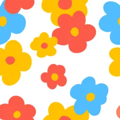Schilderijen op glas 1970 Daisy Naive groovy seamless pattern. Fun colorful Doodle Bright background. Contemporary trendy backgrounds for kids. Scandinavian nursery print © AutumnStudio
