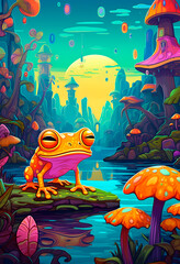 Fototapeta na wymiar Frog's Mushroom Metropolis: Whimsical Urban Fantasy