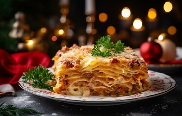 Close-up of a delicious hot lasagna with Christmas decor on a light background. It's a traditional Italian dish made with homemade pasta. Generative AI - obrazy, fototapety, plakaty