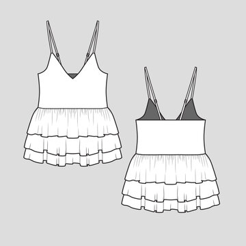 Layered ruffle camisole top Fashion cami shoulder strap  triple layer ruffles hem Top t shirt Blouse Cad Flat Sketch technical drawing template design vector