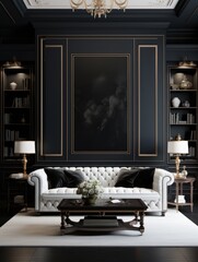 Neoclassical interior design of living room with black walls and tufted sofa