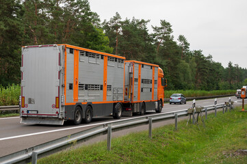 Ein Viehtransporter fährt an einem mobilen Blitzer vorbei