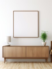 Interior of living room with sideboard over white wall with mock up poster frame. Home background design