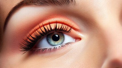 Fototapeta premium Female Eye make-up with Cosmetics Beauty in aesthetic clinic. Macro. close up of Face of young woman with her makeup green eye and copy space for text. Generative AI