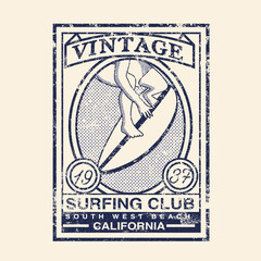 Obraz premium Vintage Surfing club california typography grunge surf board vintage border for t shirt print graphic design vector illustration,poster,banner,stamp,surf poster