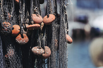 Filets de pêche en train de sécher sur le port - Matériel de pêcheur - obrazy, fototapety, plakaty