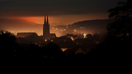 Naklejka premium church in the night fog in the European mountains landscape panoramic view