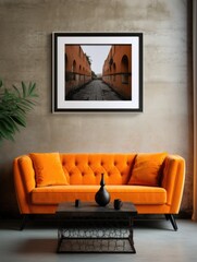 Orange tufted velvet sofa and frame on the wall. Interior design of modern living room