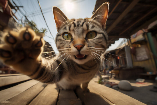 Cat Facing the Camera and Touching the Lens with Its Paw