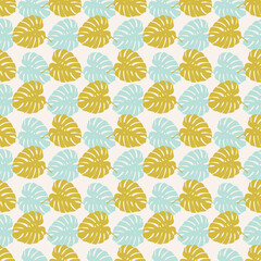 Tropical leaves seamless pattern of Monstera philodendron leaves in blue green color tone, tropical background.