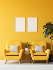  Recliner chair and white mock up poster frame on yellow wall. Interior design of modern living room