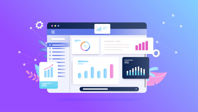 Analytics and data concept - Decorative illustration of web browser with charts, statistics and graphs with abstract results