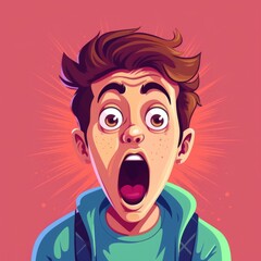Illustration of a surprised boy with an open mouth. Amazed little boy on a colorful background clipart. Vector illustration of a small astonished kid. Flat design picture of a scared child.