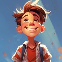 Illustration of a happy boy looking up. Excited little boy on a colorful background. Detailed illustration of a small surprised kid. Picture of a happy child. AI generated.