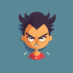 Illustration of an angry girl with furrow brows. Furious little girl without a smile on bright colorful background. Vector illustration of an enraged irritated kid. Flat design of a mad annoyed child.