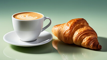 cup of coffee and croissant isolated on green background