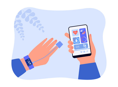 Smart Watches With Heart Rate Monitor Vector Illustration. Hand Holding Smartphone With Fitness Tracker Statistics From Wearable Devices And Sensors. Health Monitoring, Technology Concept