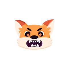 Angry fox face. Animal portrait with fire in your eyes. Aggressive Cartoon character. Flat vector illustration isolated on white background