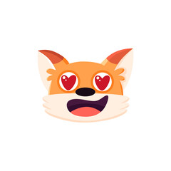 Cute fox face in love. Smiling animal portrait with hearts in their eyes . Cartoon character. Flat vector illustration isolated on white background