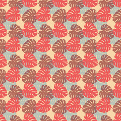 Tropical leaves seamless pattern of Monstera philodendron leaves in pink blue color tone, tropical background. © Tanita