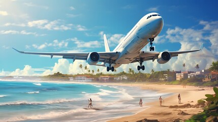 Fototapeta na wymiar Photo of a commercial jetliner soaring above a picturesque beach and sparkling ocean