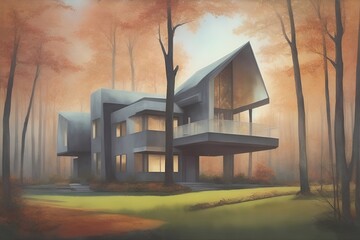 Modern house in fall forest. AI generated illustration