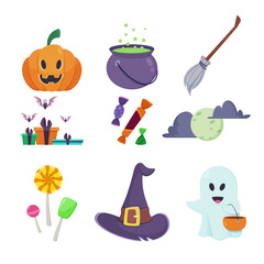 Halloween decorations or elements vector illustrations set. Collection of drawings of ghost costume, pumpkin, cauldron, witch hat and broom, candy, gift boxes. Halloween, celebration, holiday concept