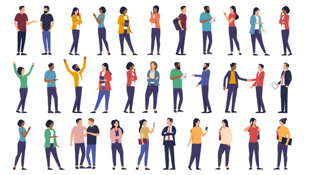 Vector people big collection - Set of casual characters with diverse men and women standing in various poses. Flat design with white background
