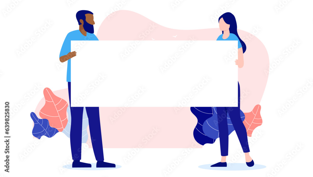 Poster people holding banner template - illustration of two businesspeople with blank poster sign to insert