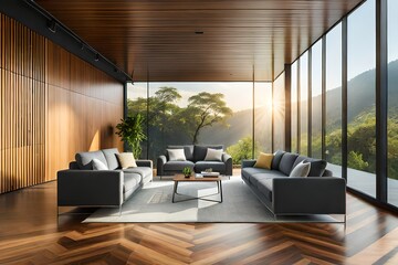 interior of cozy modern living room with massive skylight jungle from ceiling while furnished with modern furniture and glass walls displaying admirable outside scenery