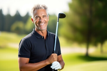 smiling middle aged golfer on golf course. copy space