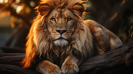 lion portrait on the background of sunset