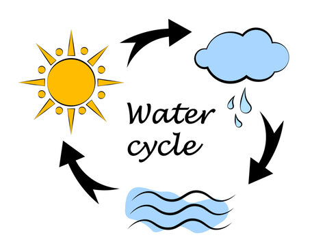 Water cycle. The circulation of water in nature. Vector illustration in doodle style.