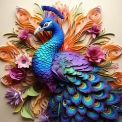 Obraz premium A magnificent peacock, its fan of origami feathers unfolding to reveal a stunning array of iridescent colors and intricate patterns