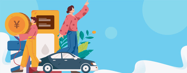 Vector internet operation hand-drawn illustration of people getting discounts for car refueling
