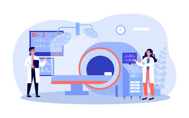 Doctors presenting MRI machine in hospital vector illustration. Health care workers using medical devices and scanners to diagnose and treat people. Diagnostic imaging, medicine concept