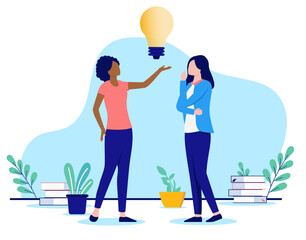 Women with idea - Illustration of two businesswomen coming up with great ideas at work holding big light bulb. Brainstorming concept, flat design vector with white background