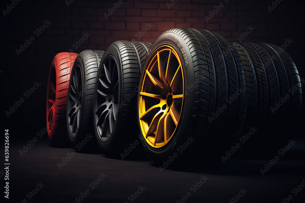 Wall mural new car tires, with dark background