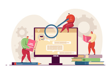 AI virtual assistant on computer screen vector illustration. Customers using support services with magnifier, user manual or guidebook. Customer support, artificial intelligence concept